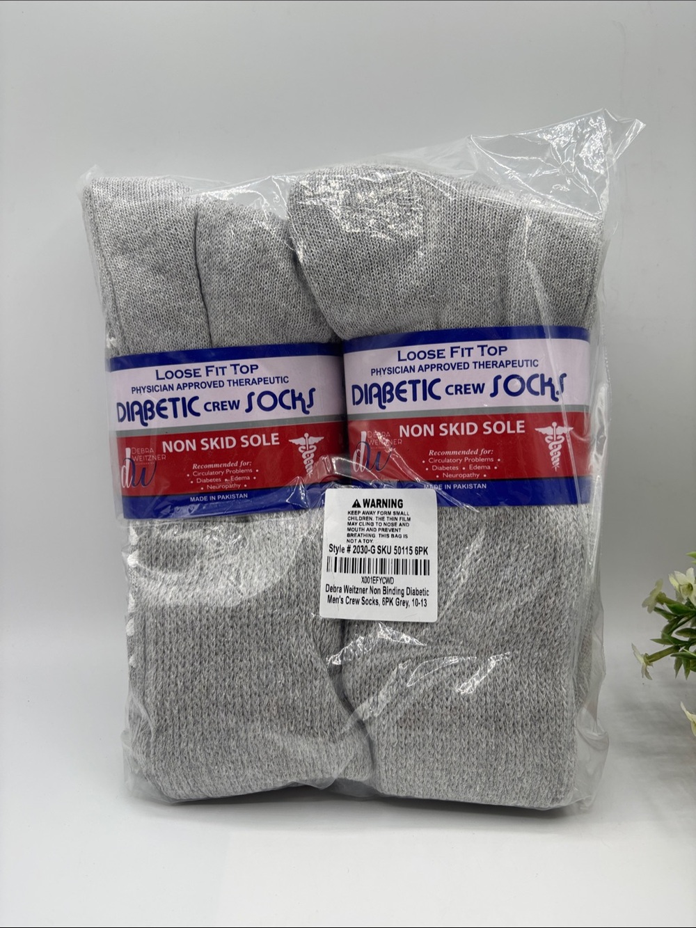 Diabetic Crew Socks - Loose Fit Top, Gray (6 Pack)